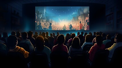 Group of people watching a movie on the big screen in a cinema hall. Generative AI.