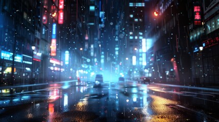 Obraz premium A futuristic city street at night under rain, with neon sign reflections on the wet asphalt Captivating urban scene conveying a cyberpunk atmosphere