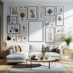 A living Room with a mockup poster empty white and with a couch and pictures on the wall art realistic attractive harmony.