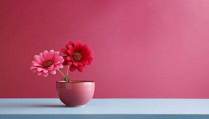 Two pink gerbera flowers in a pink cup on a blue table against a pink background.