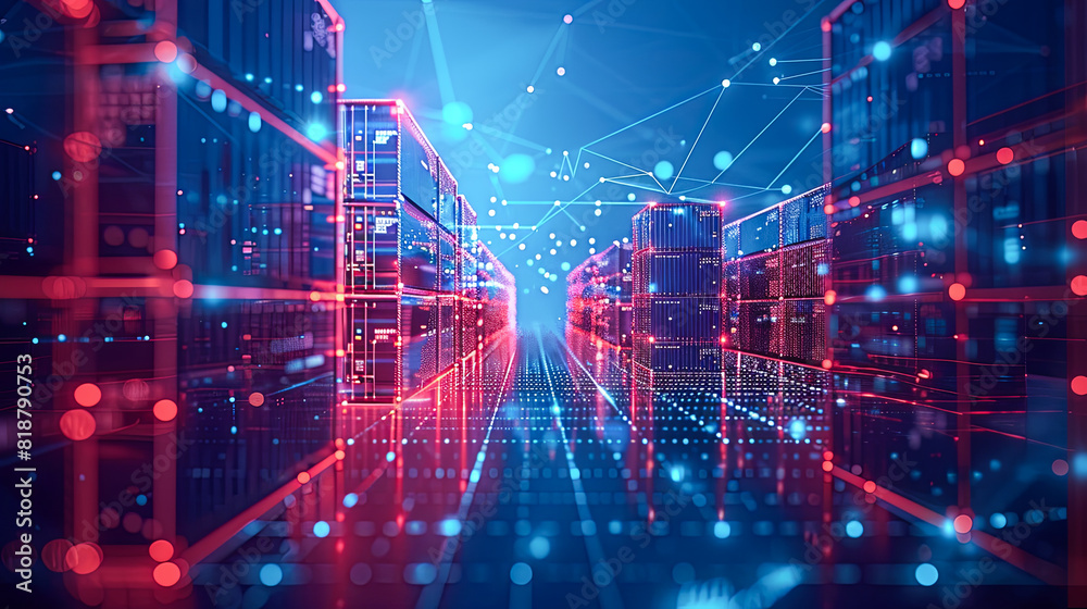 Poster 3d rendering of server room and cloud computing concept in virtual reality