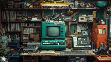 A cluttered vintage electronics workshop filled with old computers, monitors, and various electronic equipment. The room is packed with retro technology, including keyboards