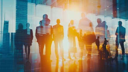 This image features the silhouettes of business professionals superimposed on a vibrant, modern office building background, depicting corporate life