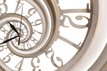 Infinity and other time related concepts. White clock face twisted in spiral, fractal pattern