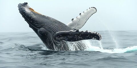 Fototapeta premium A majestic humpback whale breaching the surface of the ocean