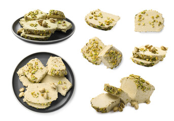 Pieces of tasty halva with pistachios isolated on white, set