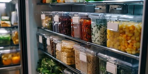 A refrigerator neatly organized with labeled food containers