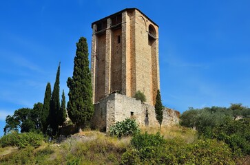 Obraz premium Scenic view of the 4th Century King Milutin Tower, Hilandar monastery, Mount Athos, Greece,