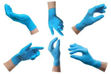 Woman wearing medical glove on white background, closeup. Collage of photos