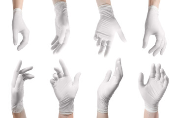 Woman wearing medical glove on white background, closeup. Collage of photos