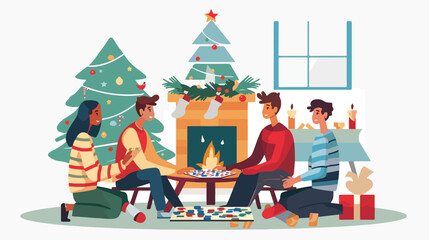 Friends playing board game by fireplace at home on Ch