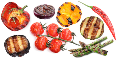 Different grilled vegetables isolated on white, set