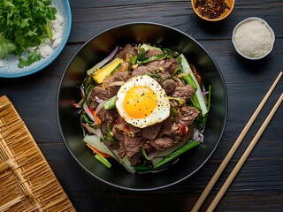 A Fusion of Fried Egg, Tender Beef, and Fresh Vegetables in a Classic Korean Dish