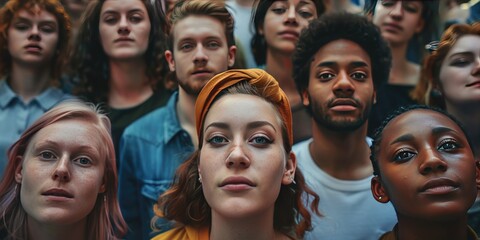 A group of people standing close together and only one person is looking up towards the camera