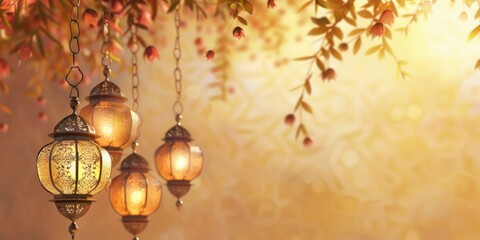 A group of Ramadan lanterns hanging on the left side on an empty background