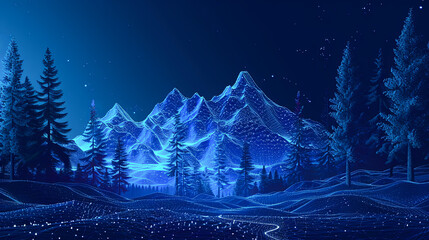 Mountain landscape with forest and mountains at night. Vector illustration.