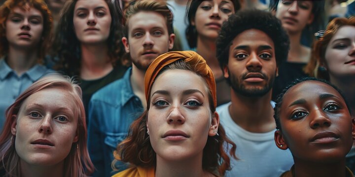 A group of people standing close together and only one person is looking up towards the camera