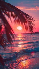 A stunning tropical beach sunset with palm leaves silhouetted against vibrant colors of pink, orange, and red sky reflecting on the waves.