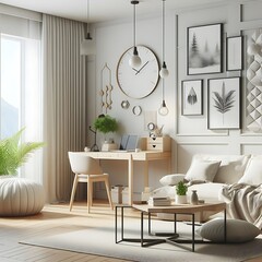 A living Room with a mockup poster empty white and with a desk and a couch art meaning used for printing has illustrative.