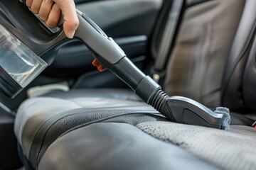  A hand using a vacuum to clean a car seat