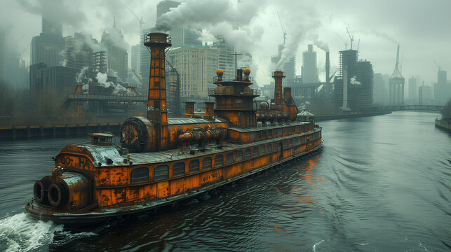 A large, rusty steampunk-style ship sailing through a foggy, industrial cityscape with numerous smokestacks and skyscrapers in the background.