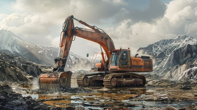 A large orange excavator is situated in a misty, mountainous environment, suggesting a mining or construction scene with a dramatic sky overhead