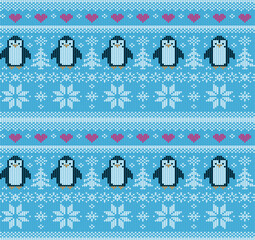 Christmas Winter Penguin Knitted Pattern Tiled Vector