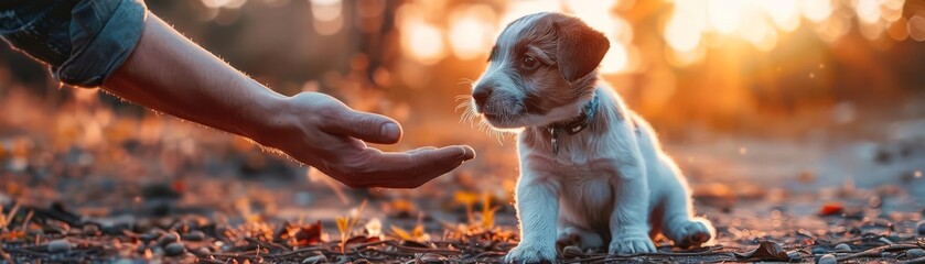 Adorable puppy with a collar sits on the ground as a hand reaches out to it, with a beautiful...