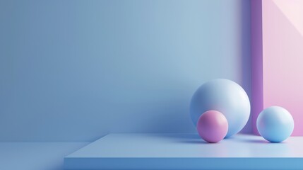 Three different sized spheres with a pastel color palette set against a dual-toned blue wall and floor, suggesting simplicity and balance