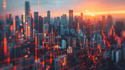 Financial stock market graph and candlestick chart on abstract city background. Double exposure