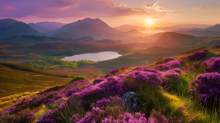 sunset over scottish highlands landscape with purple heather blooms green rolling hills lochs leading to distant mountains beauty generative ai