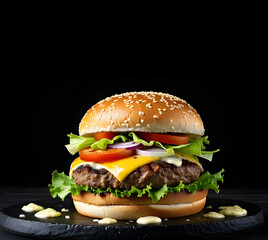 Large appetizing burger with meat, onion, vegetables, melted cheese, lettuce and mayonnaise sauce IA
