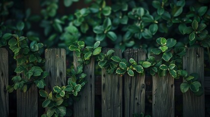 A serene scene of a weathered wooden fence partially covered with vibrant green leaves in soft lighting - Powered by Adobe
