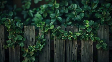 A serene scene of a weathered wooden fence partially covered with vibrant green leaves in soft lighting