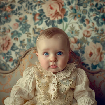 Photorealistic portrait of an extremely beautiful baby with blue eyes wearing vintage , sitting on the sofa in front of a wallpaper flowerish patterned background with soft light.