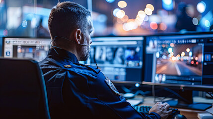 Security guard in surveillance room at night. Security guard in surveillance room.