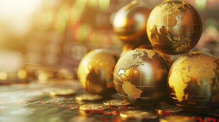 Decorative globes positioned on a background of bright stock market data and financial graphs to depict global economy