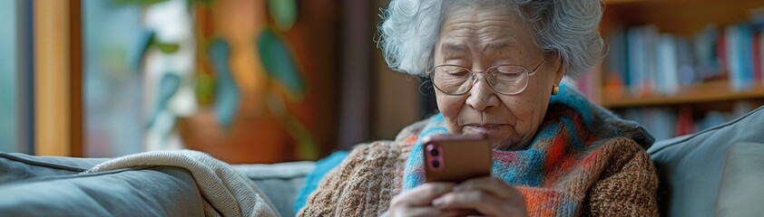 Using her phone at home, an elderly woman is seated on the couch.