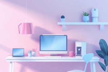 Modern Pastel Home Office with Computer and Laptop