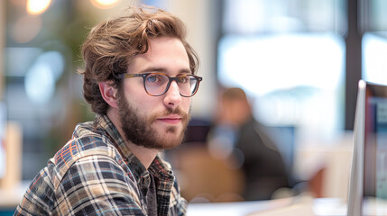 Fototapeta premium Portrait of a young man working on computer at modern startup office