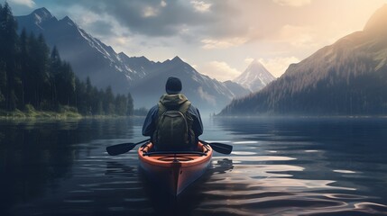 Man in canoe on river, surrounded by mountains and forests. Generative AI.