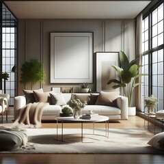 A living Room with a mockup poster empty white and with a large window art realistic used for printing art used for printing.