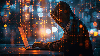 Hacker in hoodie using laptop with glowing binary code on background. Hacking and malware concept. Double exposure