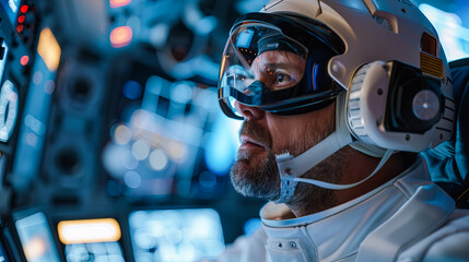 Portrait of senior man pilot in helmet and goggles looking at camera while working in space station