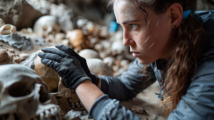 A girl in a dark blue jacket sits on a pile of human skulls