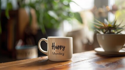 A warm, inviting coffee mug with Happy Monday takes center stage on a wooden table, adding cheer to morning routines