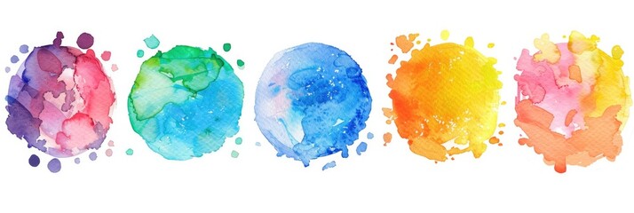 Circles Painted. Watercolor Set with Bright Spectrum of Droplets and Stains