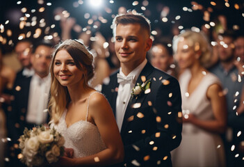 The wedding moment of the groom and bride, guests in the background, lights and confetti
