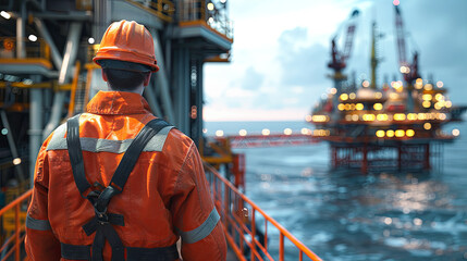 Rear view of a male worker standing in front of oil platform