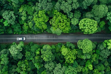 Aerial view of green forest and black asphalt road, top view road through forest, road trip, drone aerial view.